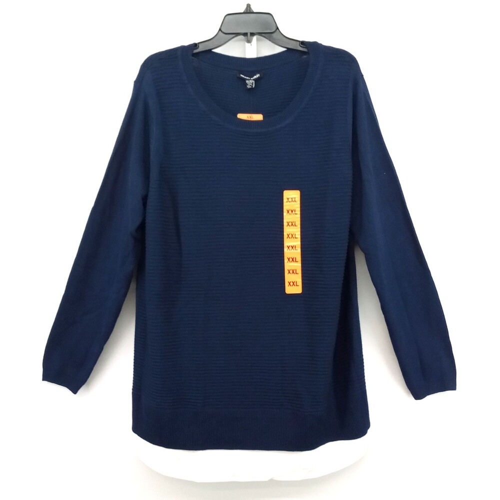 Hilary Radley Sweater Womens Size 2XL Navy Blue Long Sleeve Sheer Hem Accent Top